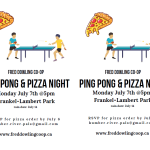 people playing ping pong, and a slice of pizza hovering above them to the left
